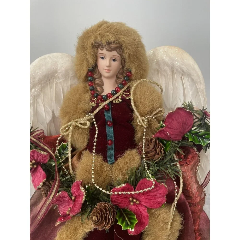 Vtg Christmas Angel Tree Topper Burgundy Gold Faux Fur Coat 16